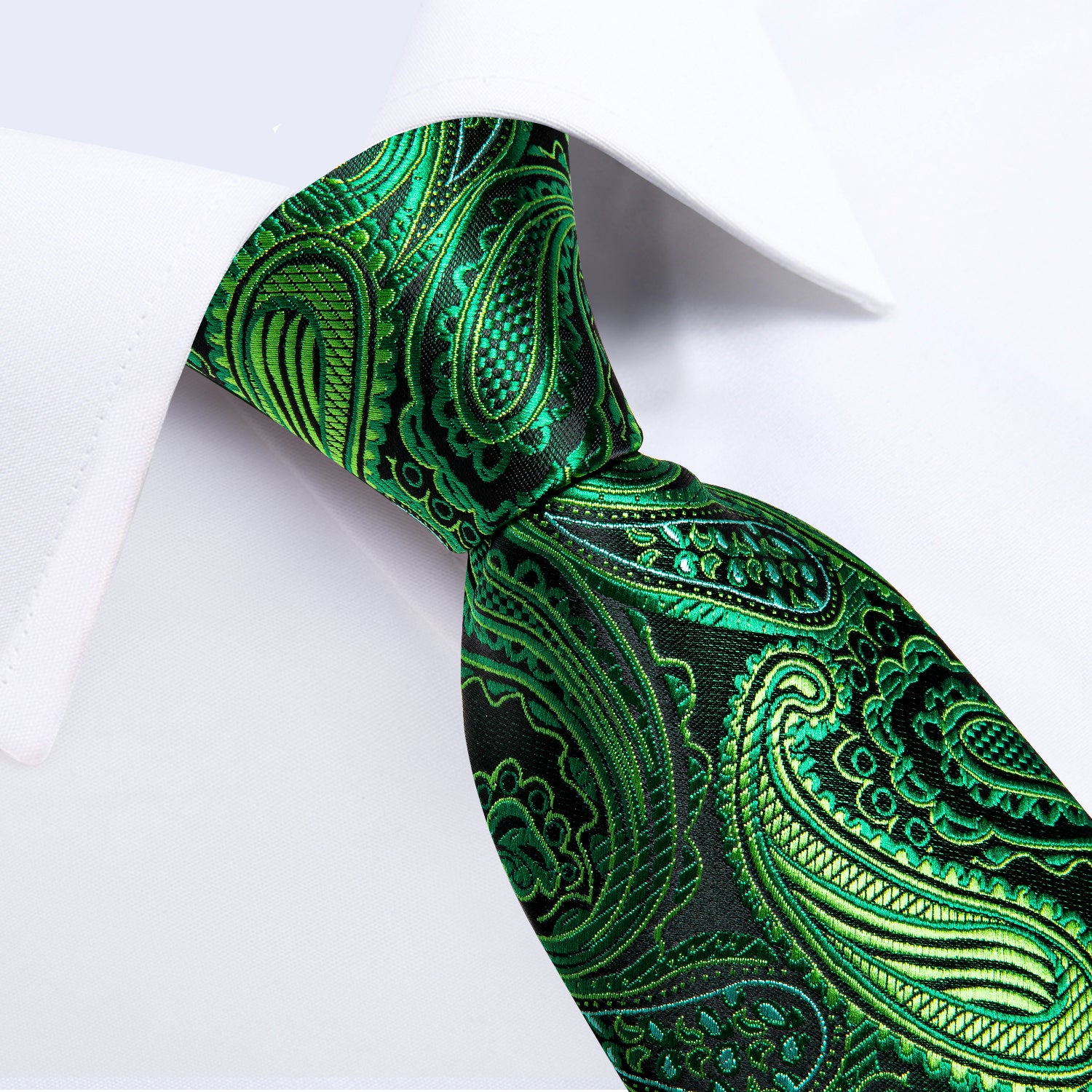Green Paisley Men's Tie Handkerchief Cufflinks Clip Set
