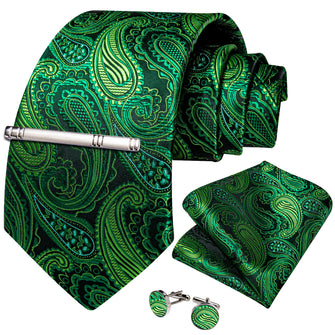 Green Paisley Men's Tie Handkerchief Cufflinks Clip Set