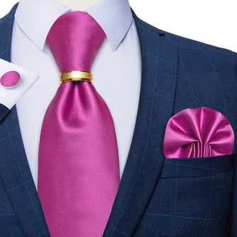 4PCS Pink Solid Silk Men's Tie Pocket Square Cufflinks with Tie Ring Set