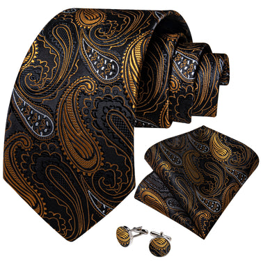 Black Golden Paisley Men's Tie Pocket Square Handkerchief Set