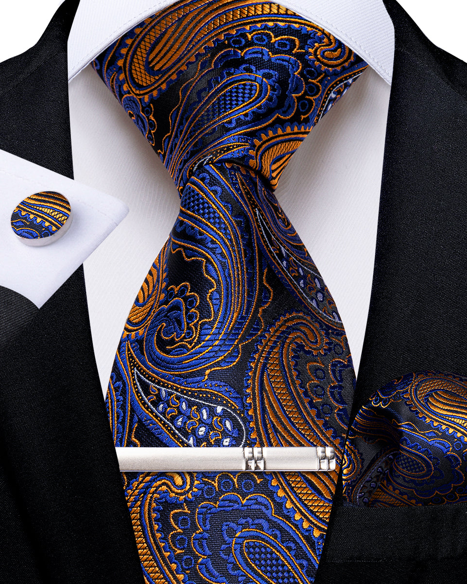 Blue Golden Paisley Men's Tie Handkerchief Cufflinks Clip Set