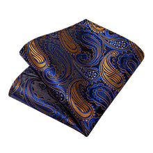 Blue Golden Paisley Men's Tie Handkerchief Cufflinks Clip Set