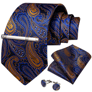 Blue Golden Paisley Men's Tie Handkerchief Cufflinks Clip Set