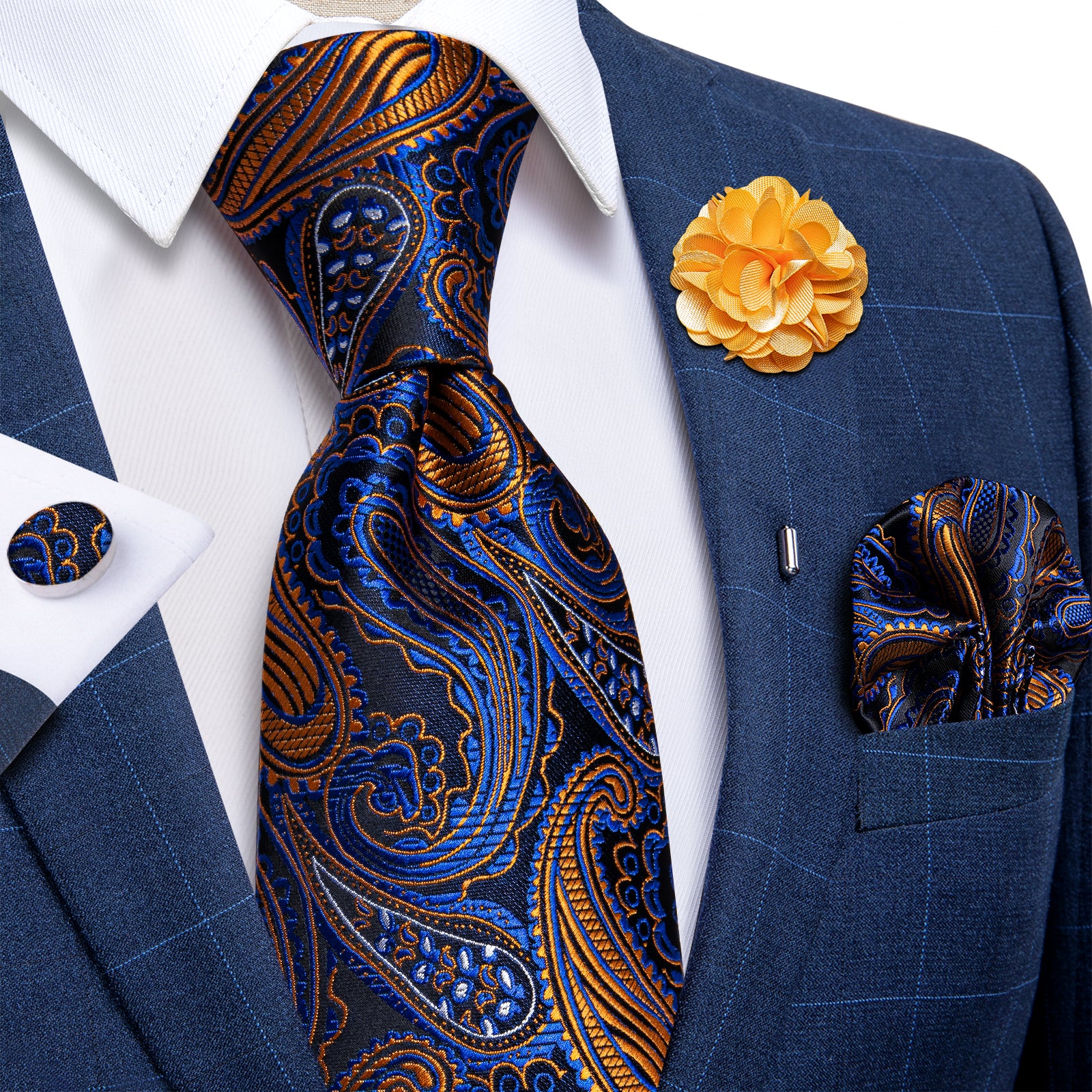 Blue Golden Paisley Silk Men's Necktie Handkerchief Cufflinks Set With Lapel Pin Brooch Set