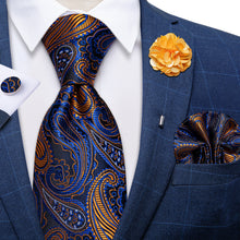 Blue Golden Paisley Silk Men's Necktie Handkerchief Cufflinks Set With Lapel Pin Brooch Set