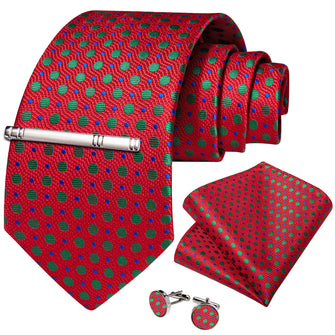 Red Blue Green Polka Dot Men's Tie Handkerchief Cufflinks Clip Set