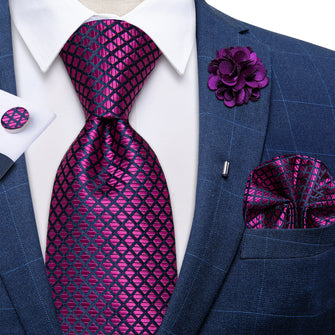 Pink Red Plaid Silk Men's Necktie Handkerchief Cufflinks Set With Lapel Pin Brooch Set