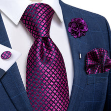 Pink Red Plaid Silk Men's Necktie Handkerchief Cufflinks Set With Lapel Pin Brooch Set