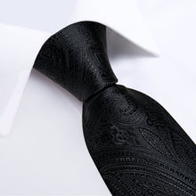 Black Floral Men's Tie Handkerchief Cufflinks Clip Set