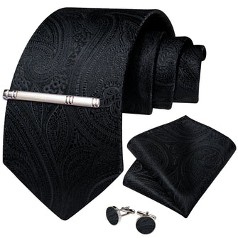 Black Floral Men's Tie Handkerchief Cufflinks Clip Set