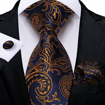 Blue Golden Floral Men's Tie Pocket Square Handkerchief Set