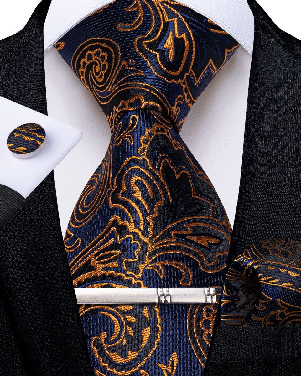 Blue Golden Floral Men's Tie Handkerchief Cufflinks Clip Set