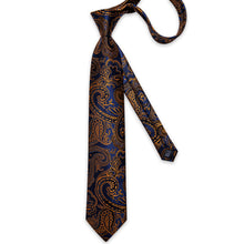 Blue Golden Floral Men's Tie Handkerchief Cufflinks Clip Set