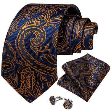 Blue Golden Floral Men's Tie Pocket Square Handkerchief Set