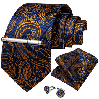 Blue Golden Floral Men's Tie Handkerchief Cufflinks Clip Set