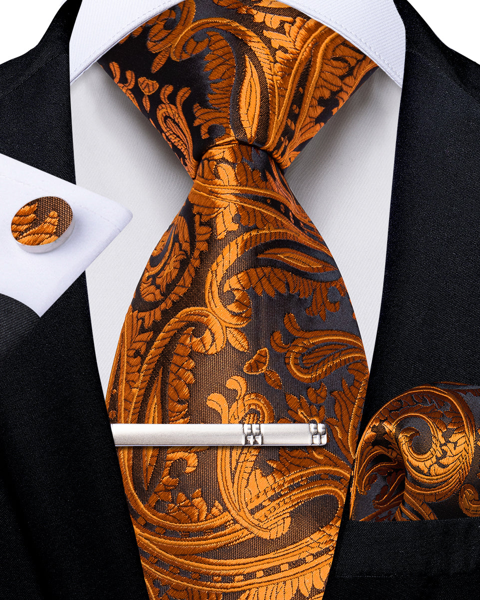 Brown Golden Floral Men's Tie Handkerchief Cufflinks Clip Set
