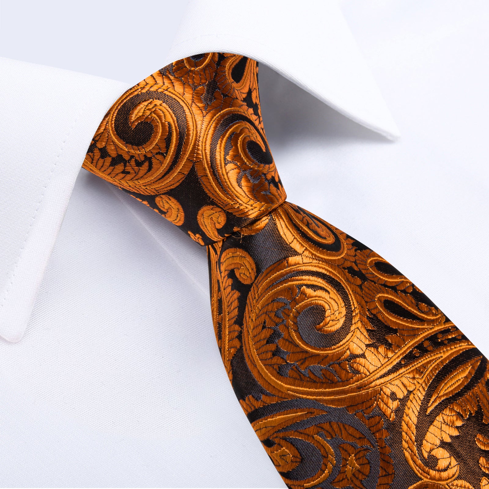 Brown Golden Floral Men's Tie Handkerchief Cufflinks Clip Set