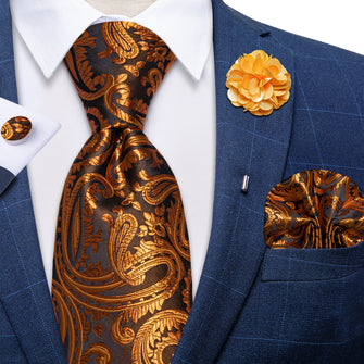Brown Golden Paisley Silk Men's Necktie Handkerchief Cufflinks Set With Lapel Pin Brooch Set