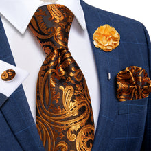 Brown Golden Paisley Silk Men's Necktie Handkerchief Cufflinks Set With Lapel Pin Brooch Set