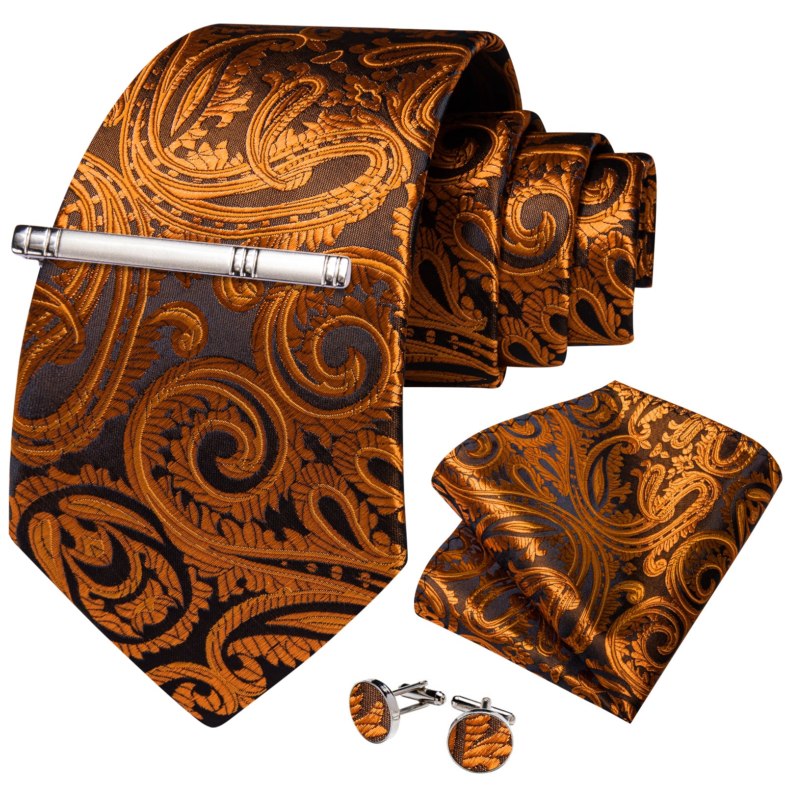 Brown Golden Floral Men's Tie Handkerchief Cufflinks Clip Set