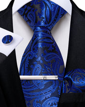 Blue Paisley Men's Tie Handkerchief Cufflinks Clip Set