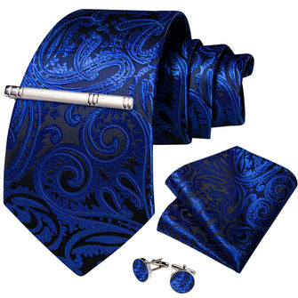 Blue Paisley Men's Tie Handkerchief Cufflinks Clip Set