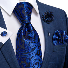 Blue Floral Silk Men's Necktie Handkerchief Cufflinks Set With Lapel Pin Brooch Set