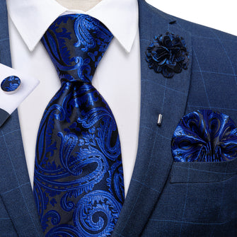 Blue Floral Silk Men's Necktie Handkerchief Cufflinks Set With Lapel Pin Brooch Set