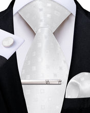 White Plaid Men's Tie Handkerchief Cufflinks Clip Set