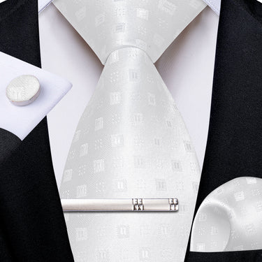 White Plaid Men's Tie Handkerchief Cufflinks Clip Set