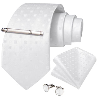 White Plaid Men's Tie Handkerchief Cufflinks Clip Set