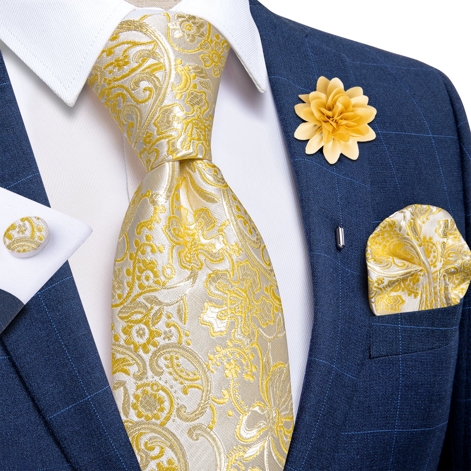 Yellow Floral Silk Men's Necktie Handkerchief Cufflinks Set With Lapel Pin Brooch Set