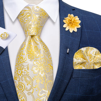 Yellow Floral Silk Men's Necktie Handkerchief Cufflinks Set With Lapel Pin Brooch Set