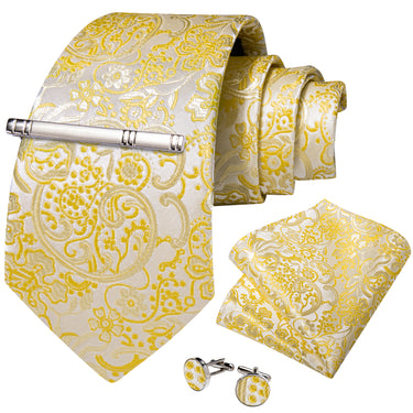 Yellow Floral Men's Tie Handkerchief Cufflinks Clip Set