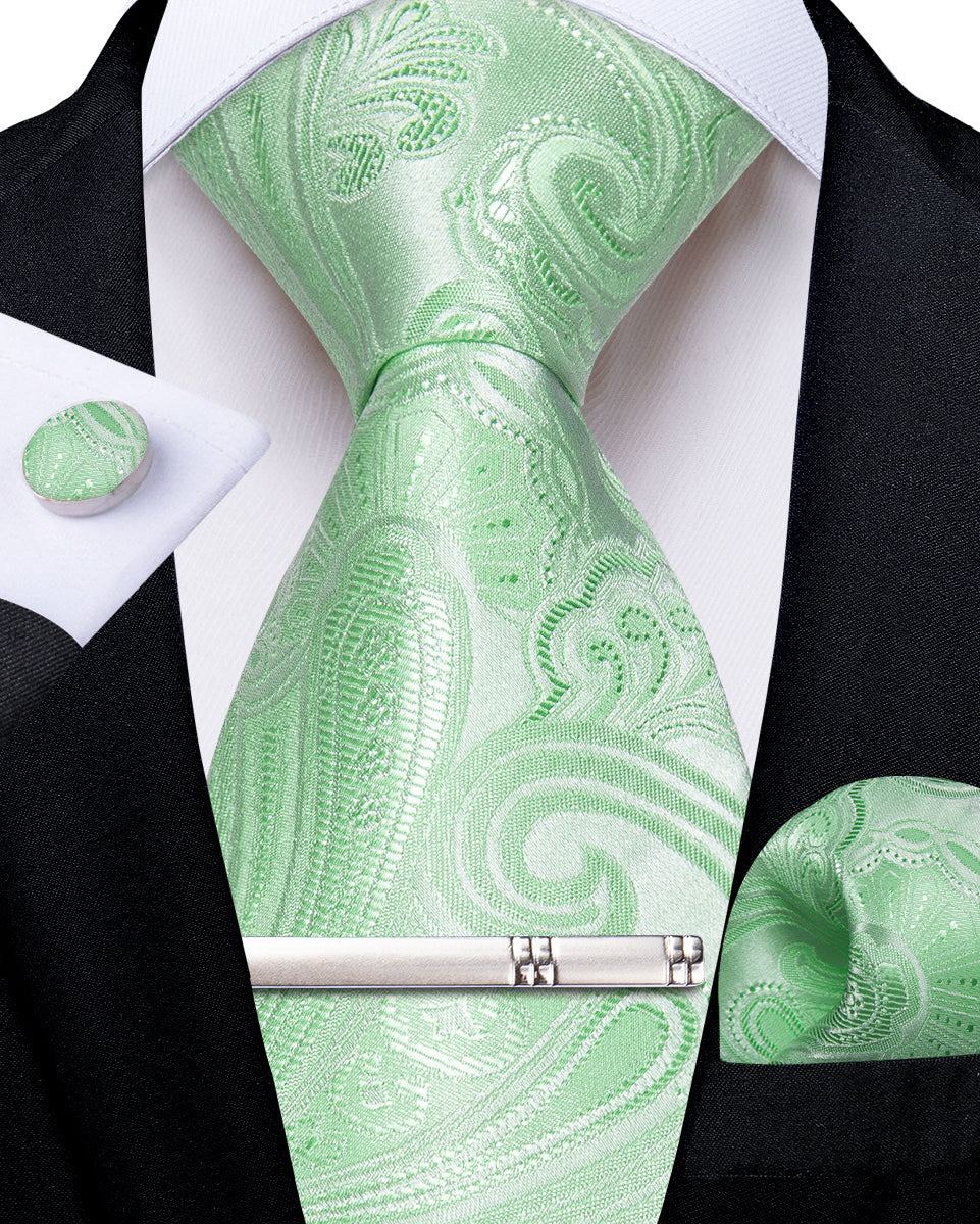 Mint Green Floral Men's Tie Handkerchief Cufflinks Clip Set