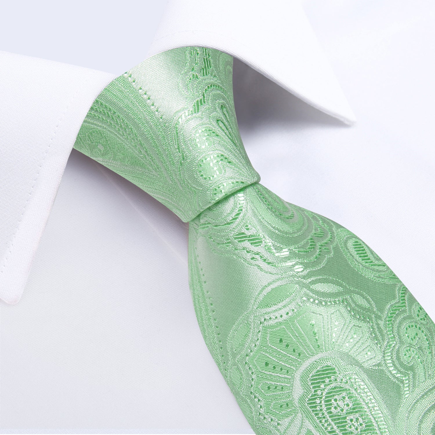 Mint Green Floral Men's Tie Handkerchief Cufflinks Clip Set