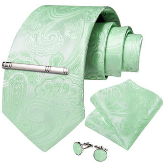 Mint Green Floral Men's Tie Handkerchief Cufflinks Clip Set