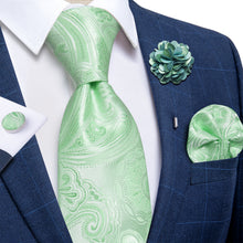 Light Green Floral Silk Men's Necktie Handkerchief Cufflinks Set With Lapel Pin Brooch Set