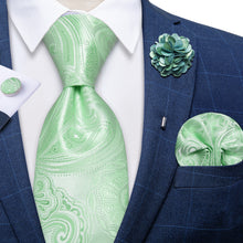 Light Green Floral Silk Men's Necktie Handkerchief Cufflinks Set With Lapel Pin Brooch Set
