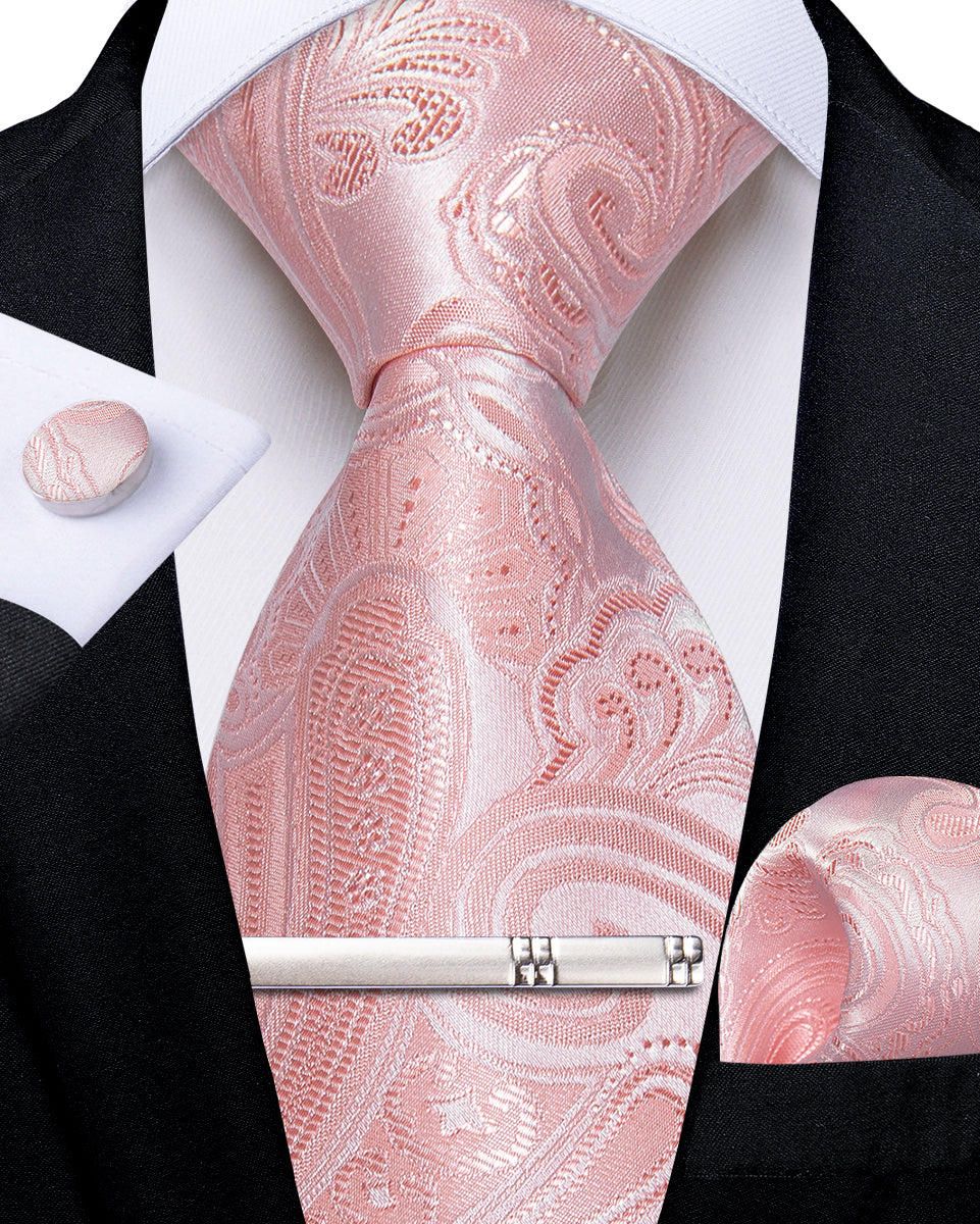 Pink Floral Men's Tie Handkerchief Cufflinks Clip Set