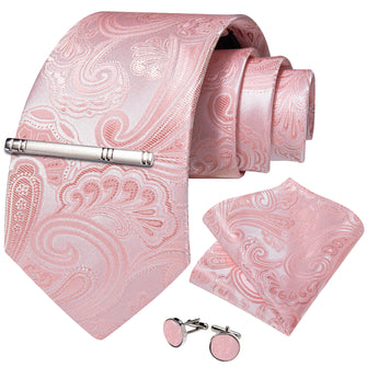 Pink Floral Men's Tie Handkerchief Cufflinks Clip Set