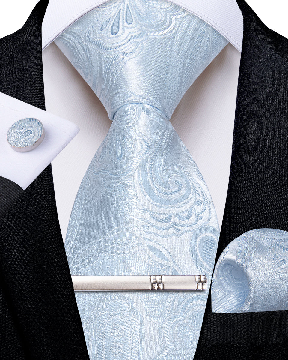 Blue White Floral Men's Tie Handkerchief Cufflinks Clip Set