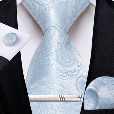 Blue White Floral Men's Tie Handkerchief Cufflinks Clip Set