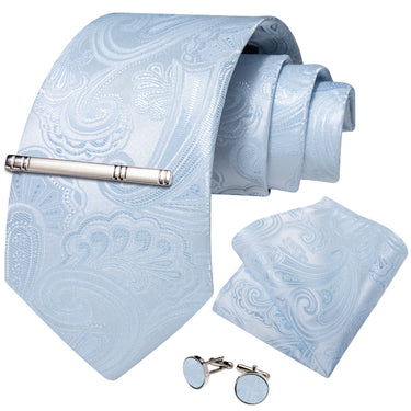 Blue White Floral Men's Tie Handkerchief Cufflinks Clip Set