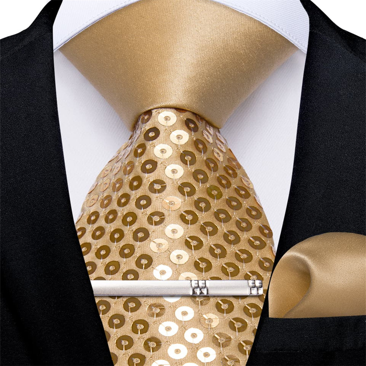 tie price cheap high quality silk light brown solid party sequin ties handkerchief set with mens suit tie clip