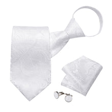 New White Paisley Silk Pre-tied Tie Pocket Square Cufflinks Set