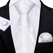 New White Paisley Silk Pre-tied Tie Pocket Square Cufflinks Set
