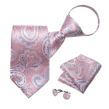 Pink Floral Silk Pre-tied Tie Pocket Square Cufflinks Set
