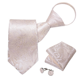Champagne Floral Silk Pre-tied Tie Pocket Square Cufflinks Set