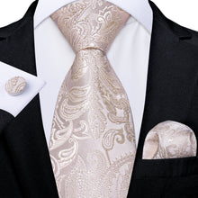 Champagne Floral Silk Pre-tied Tie Pocket Square Cufflinks Set